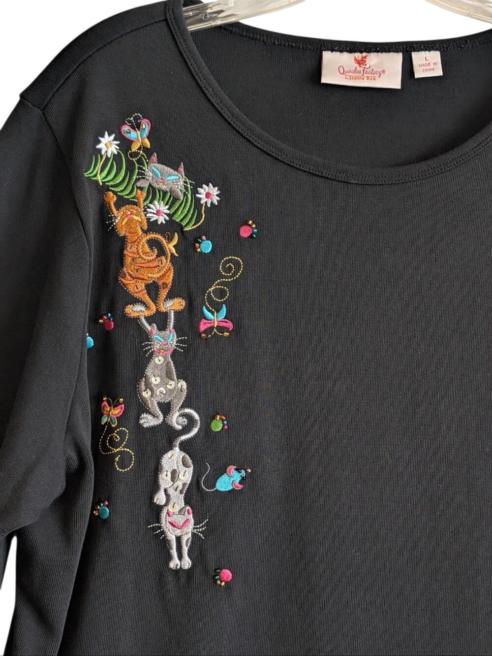 Quacker Factory Shirt Tunic Womens Lg Black Embroidered Cat Kitten Top